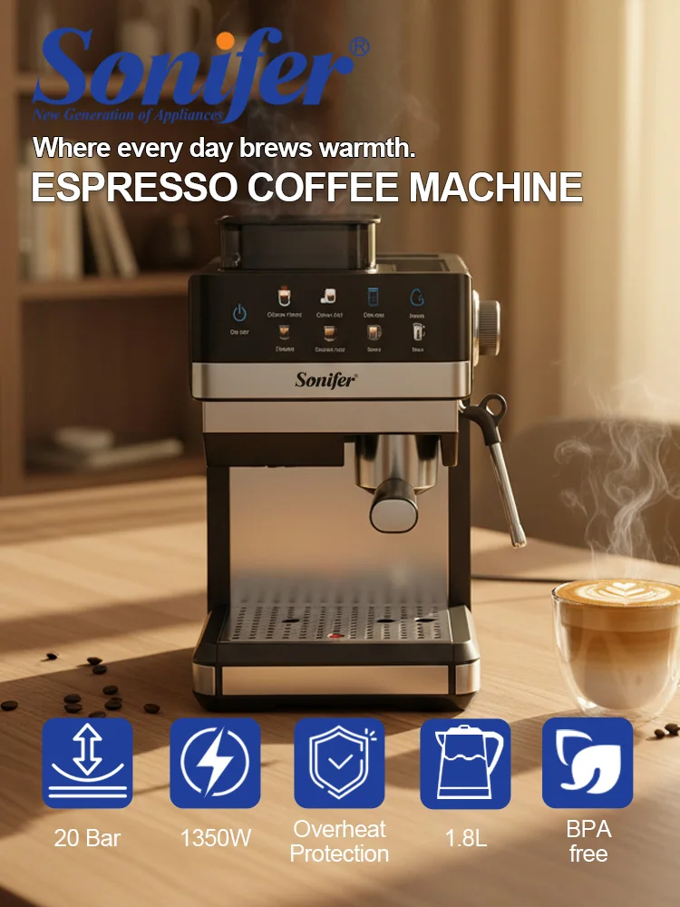 Fully Automatic Espresso Coffee Machine Sonifer SF-3616 1350W 20Bar Built-in Grinder Milk Frother Cappuccino Latte Home