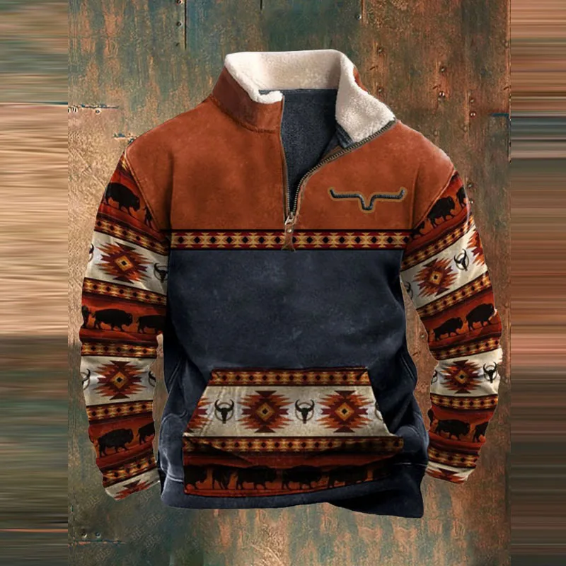 Felpa Vintage da uomo Casual allentata manica lunga colletto alla coreana Pullover con cerniera top autunno moda modello stampa felpe da uomo