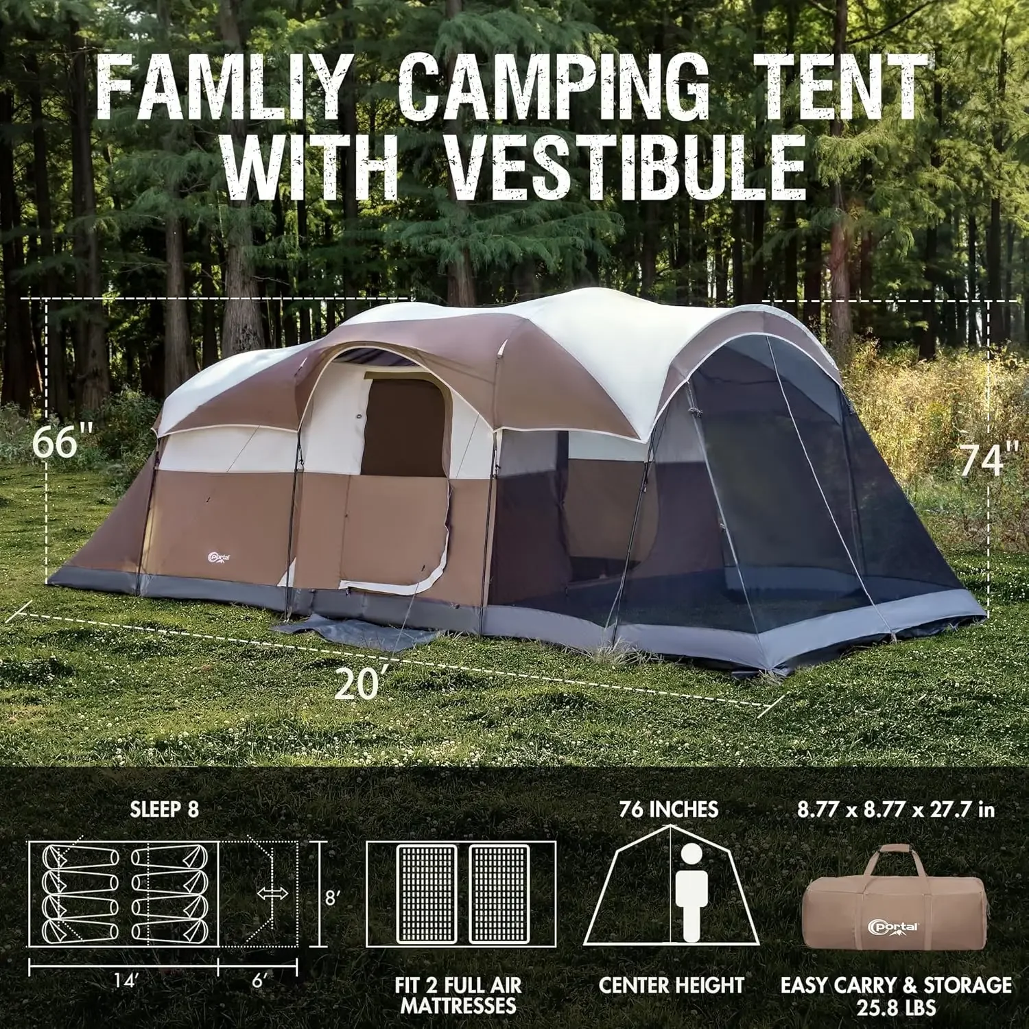 6/8/10 Person Family Camping Tent with Screen Room, Water Resistant Big Tunnel Tents with Rainfly