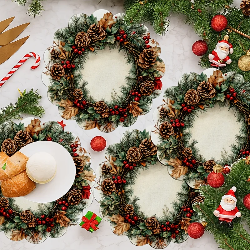 VIKAMA 4-Piece Christmas Pinecone Wreath Placemats Pine Branch Family Gathering Christmas Table Decor and Accessories