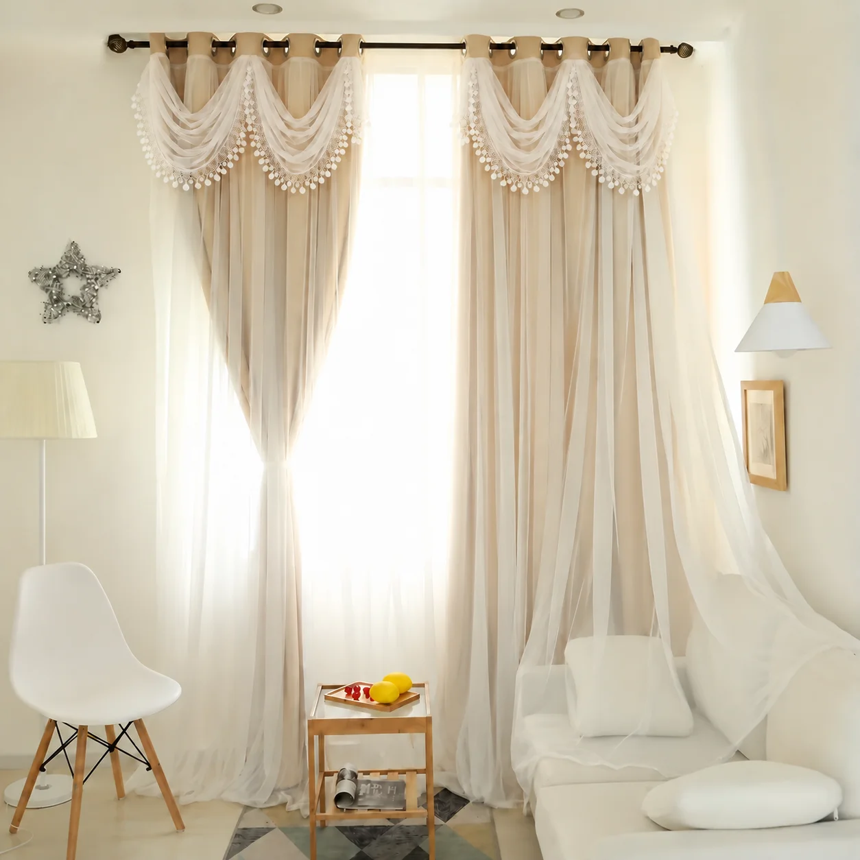 1pc Beige Double Layer Curtain with Lace Valance, Eyelet Sheer Overlay Curtain, Light Filtering Tassel Window Drapes for Bedroom