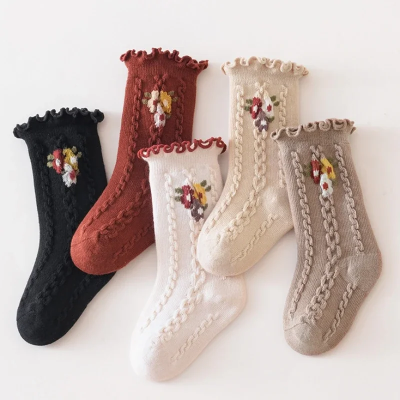 Spring Autumn Children Girls Flower Socks School Student Uniform Mid Calf Long Sock Baby Kids Princess Middle Tube Stockings