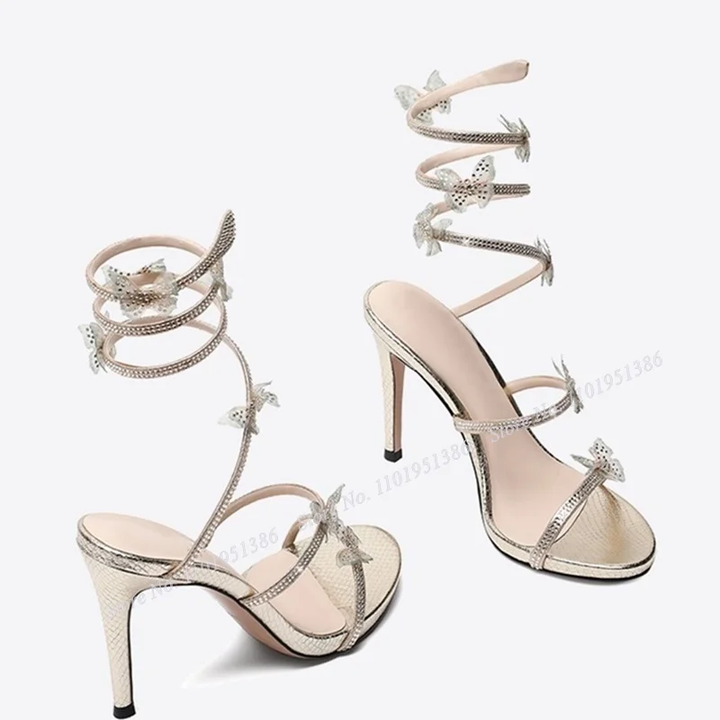 

Moraima Snc Champagne Silver Twine Butterfly Sandals Open Toe Slip on Stilettos High Heels Cut Out Summer Wedding Shoes on Heels