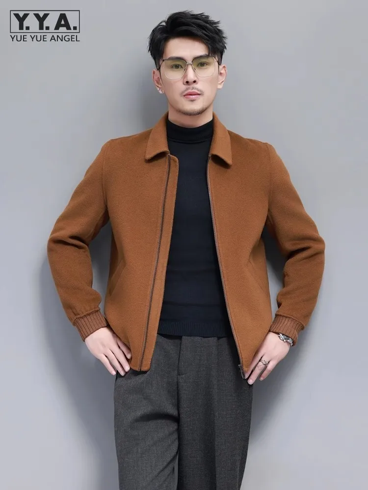 Winter Business Mens Work 100% Wool Jacket Short Style Slim Fit Zipper Lapel Collar Two Sides Soft Sheep Fur Woolen Blends Coat