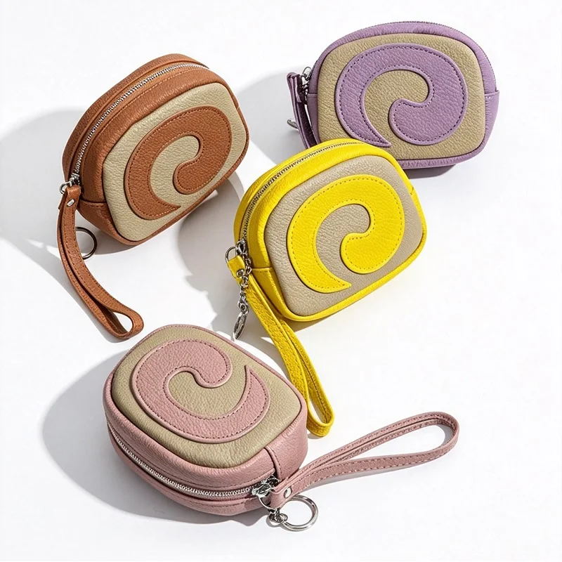 Unique Swiss Roll Spiral Spliced Coin Purse - Leather Wristlet Key Ring Multi‑purpose Lightweight Storage Coin Pouch for Women