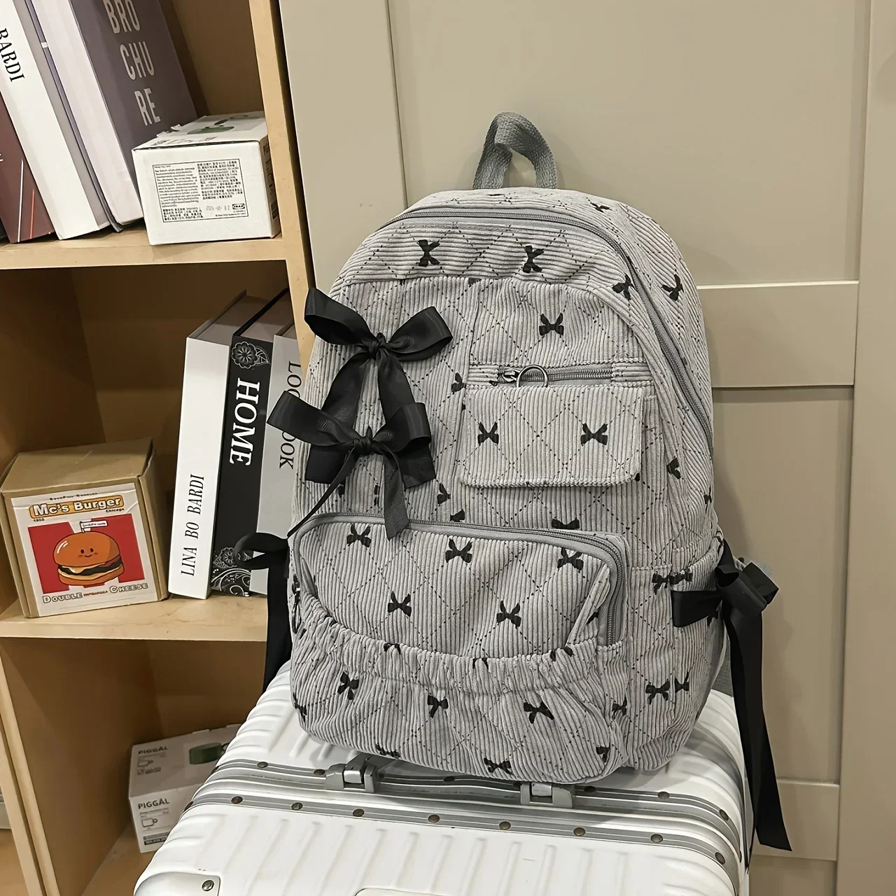 Custom Bag New Corduroy Bow Women's Fashion Backpack, Large Capacity Versatile Double-Shoulder Bag, Niche Korean Style High-End