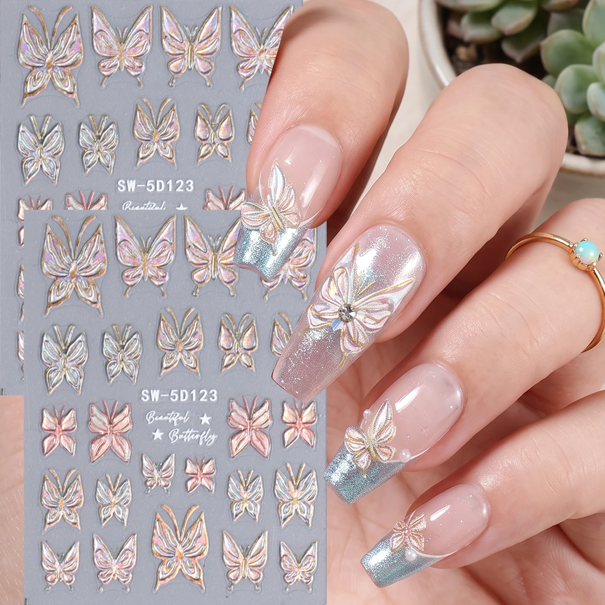 1-2pcs Translescent Butterflies Embossed 5D Nail Art Stickers Holographic Glitter Gold Line Butterfly Bow Nail Decals Manicures