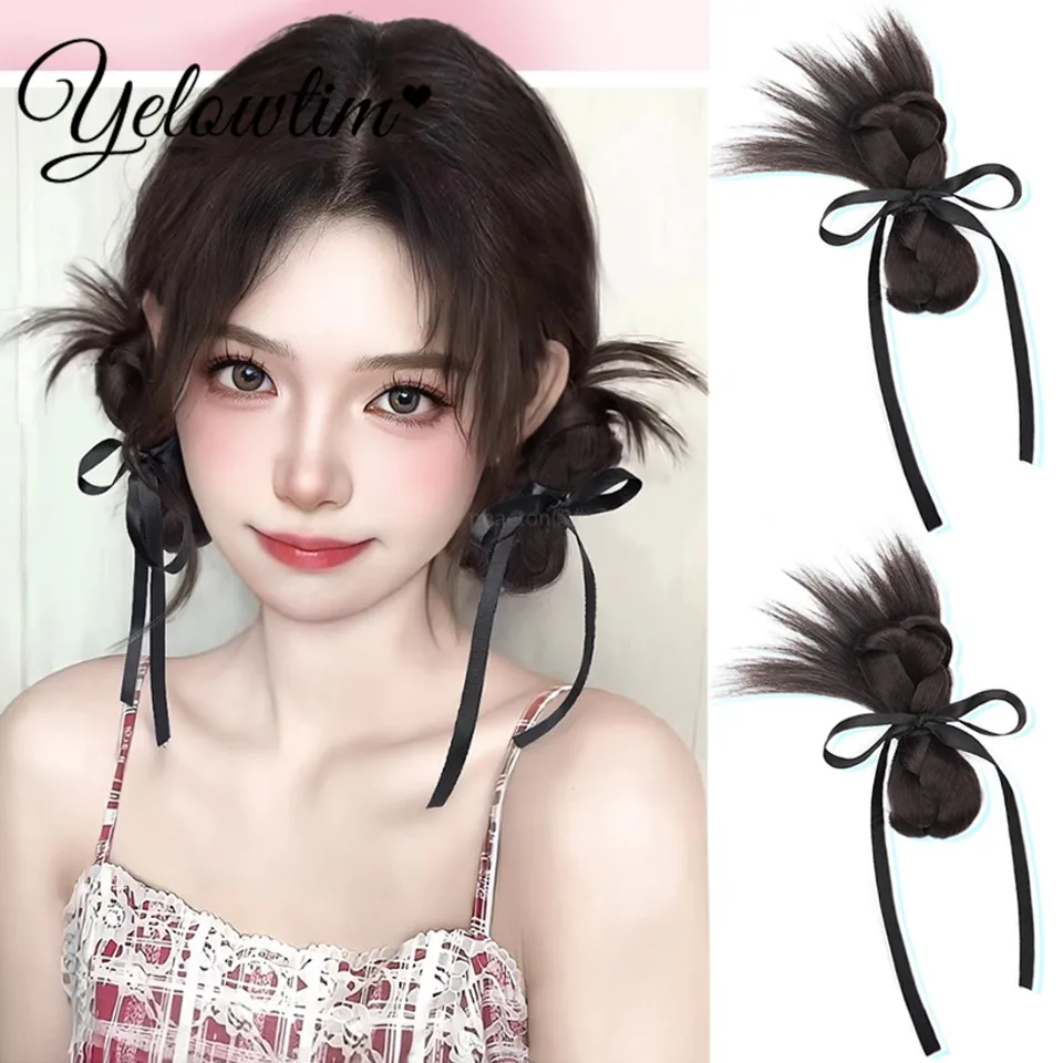 YELOWTIM  Synthetic Half-tie Double Hair Bun Messy Low Claw Chignon Little Hair Bun Wrap Around Hairtail Extension For Women Wig