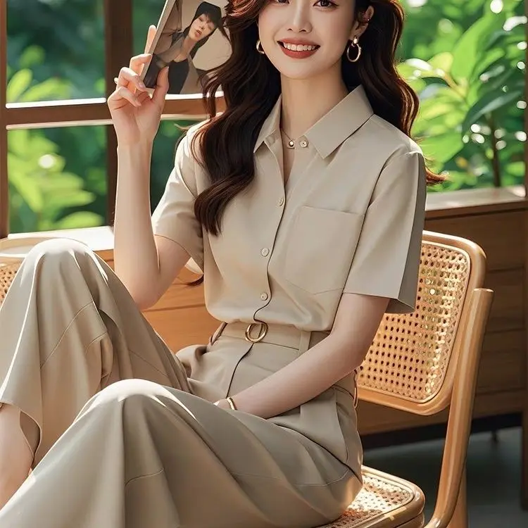 

New Summer Office Lady Women's Two Piece Set Fashion Lapel Short Sleeve Solid Color Pocket Shirt + Wide Leg Pants Sets High End