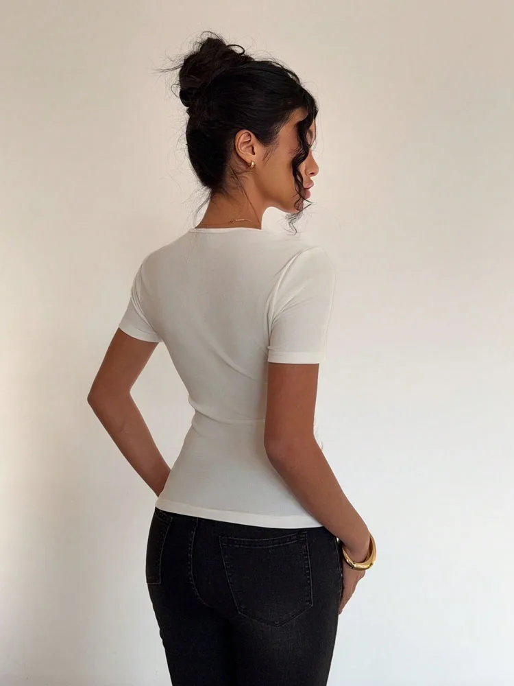 High cold imperial style T-shirt for summer women's clothing, slim fit and waist cinching, solid color short sleeved top