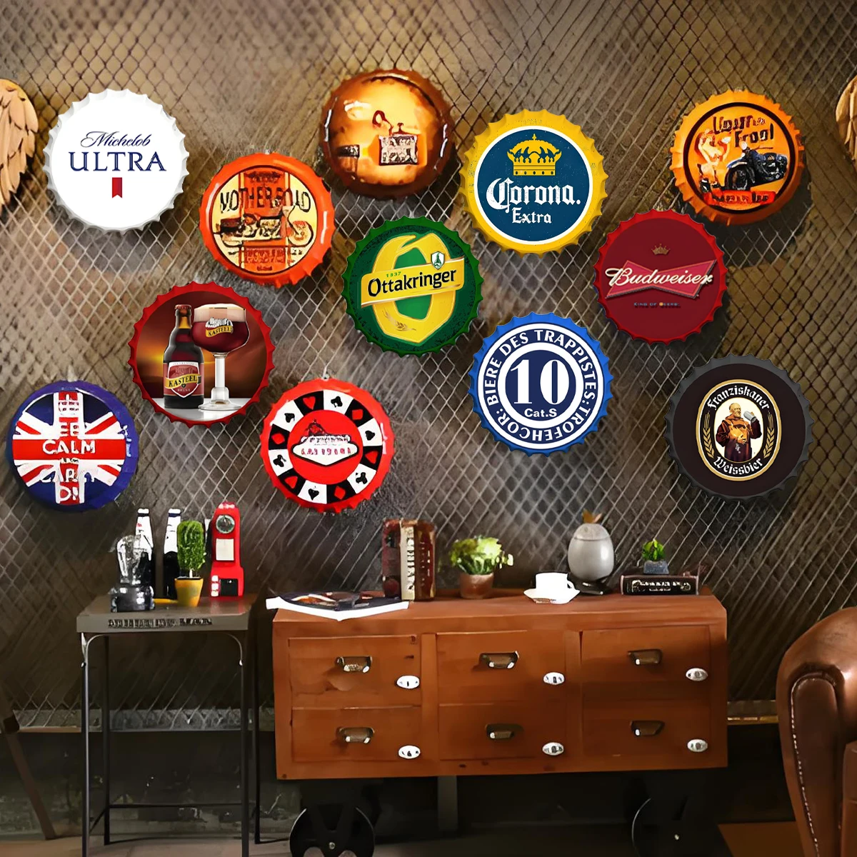 Beer Bottle Cap Tin Sign Vintage Round Crafts Classic Wine Beer Brand Decorative Plate Bar Garage Wall Signs Decor Print Plaques