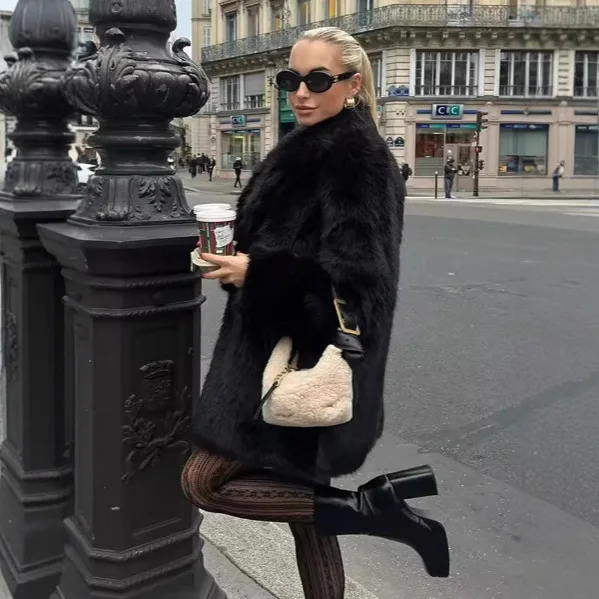 Preto inverno feminino jaqueta de pele artificial lapela gola longo fofo falso casaco de pele de raposa para feminino térmico senhora eco casaco de pele