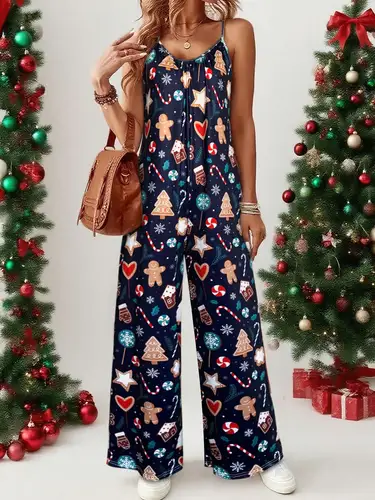 Imagen 2 del producto Mono navideño con tirantes finos y estampado de pan de jengibre para mujer, ropa festiva con estampado de pan de jengibre a la moda para galletas navideñas