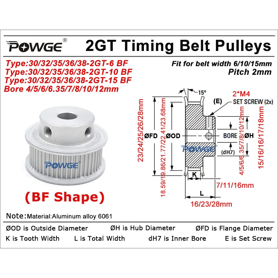 POWGE 30 32 35 36 38 teeth 2MGT 2GT Timing Pulley Bore 5/6/6.35/7/8/10/12mm for belt width 6/10/15mm 30T 32T 35T 36T 38T