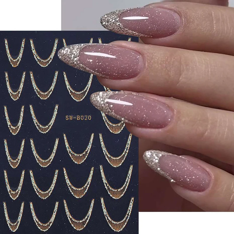 Fashion Shimmering Glitter French Gradient Nail Art Stickers Line Press On Nails Decals Manicure Decorations DIY