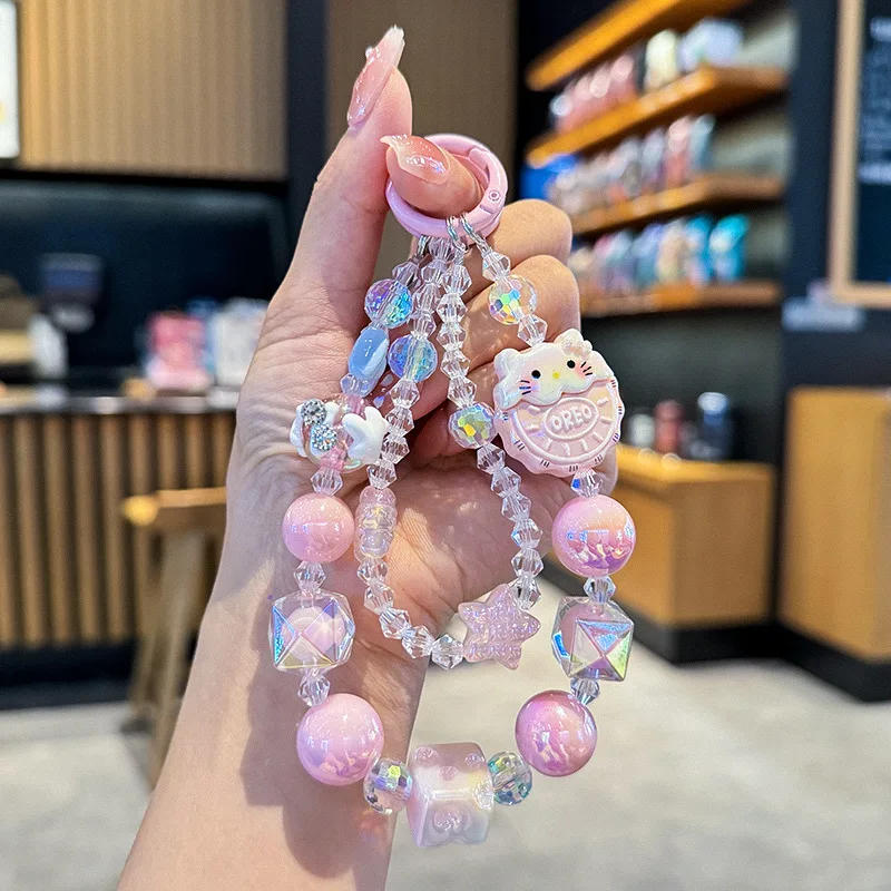 

New Sanrio Kuromi Melody Cinnamoroll Colored Beads Phone Lanyard Sweet Kawaii Beaded Phone Chain Key Chain Bag Pendant Gift