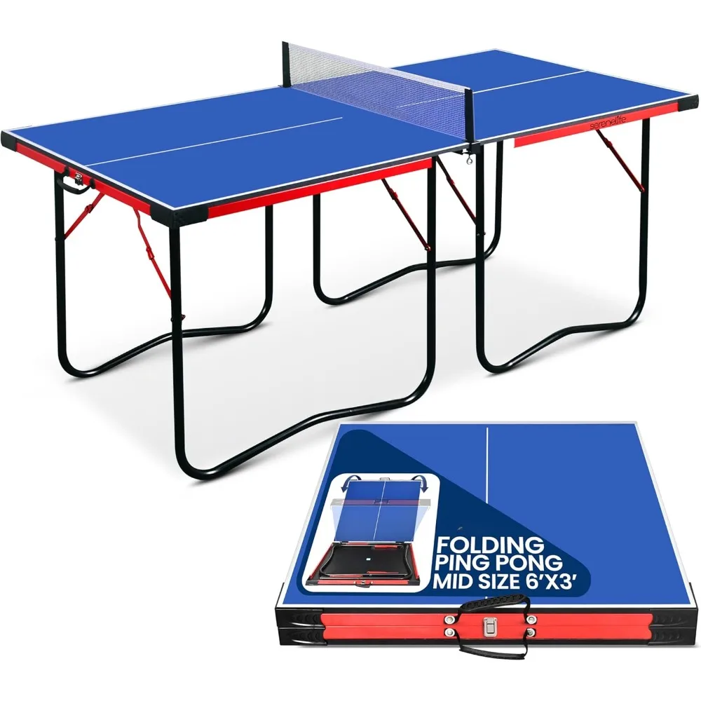 

Midsize Portable Ping Pong Table Set with Net, Post, 2 Paddles, 3 Balls - Foldable Space-Saving Design Table-tennis Table