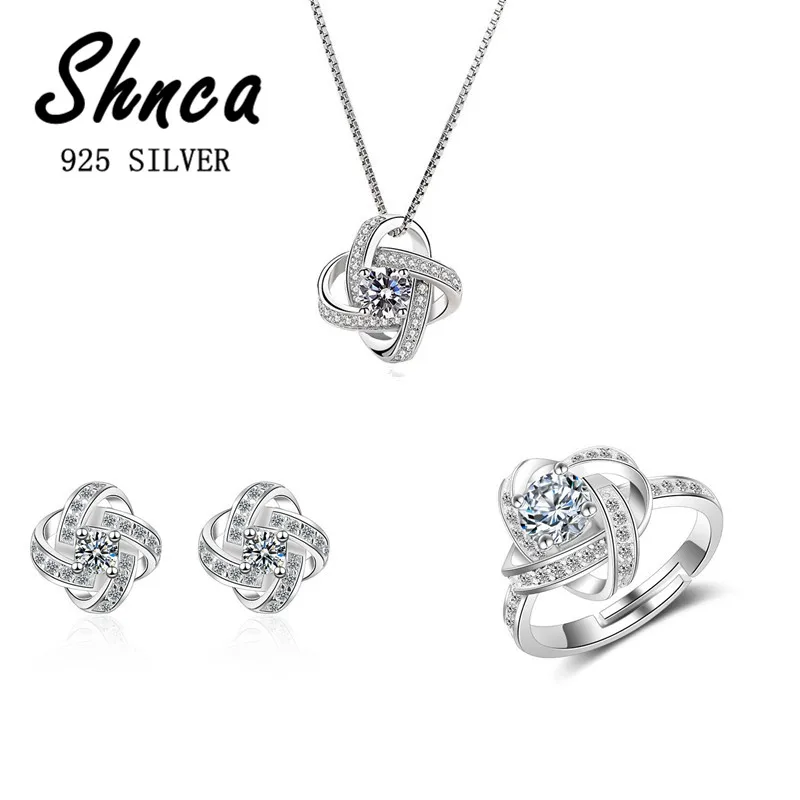 Wedding Rhinestone 925 Sterling Silver Geometric Flower Jewelry Sets Necklaces Earrings Rings For Women Girl Anti-Allergy