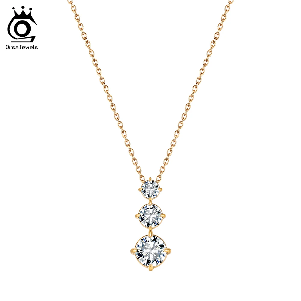 

ORSA JEWELS Zirconia Pendant Necklace Stainless Steel Sparkling 3 Zircon Choker Chain Dainty Accessories Banquet Party STKN08