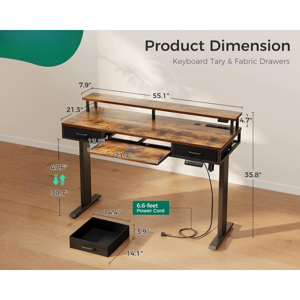 Electric Standing Desk with Drawers & Keyboard Tray, 55 Inch Height Adjustable Gaming Desk with Power Outlets & LED Lights