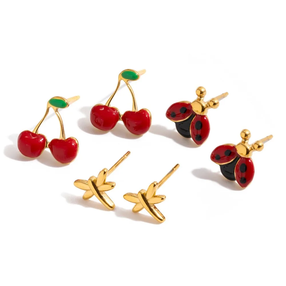 3 Pairs Of Cherry, Starfish, Ladybug 361 Stainless Steel Earrings, High-End Fashion And Simple Ins Series, Gifts For Friends