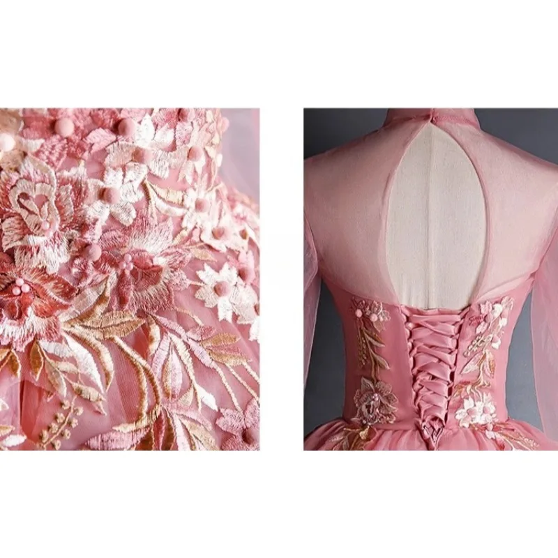 2025 novo vestido de noite de malha de gola alta bordado feminino elegante, fino e elegante banquete vestido longo saia pong