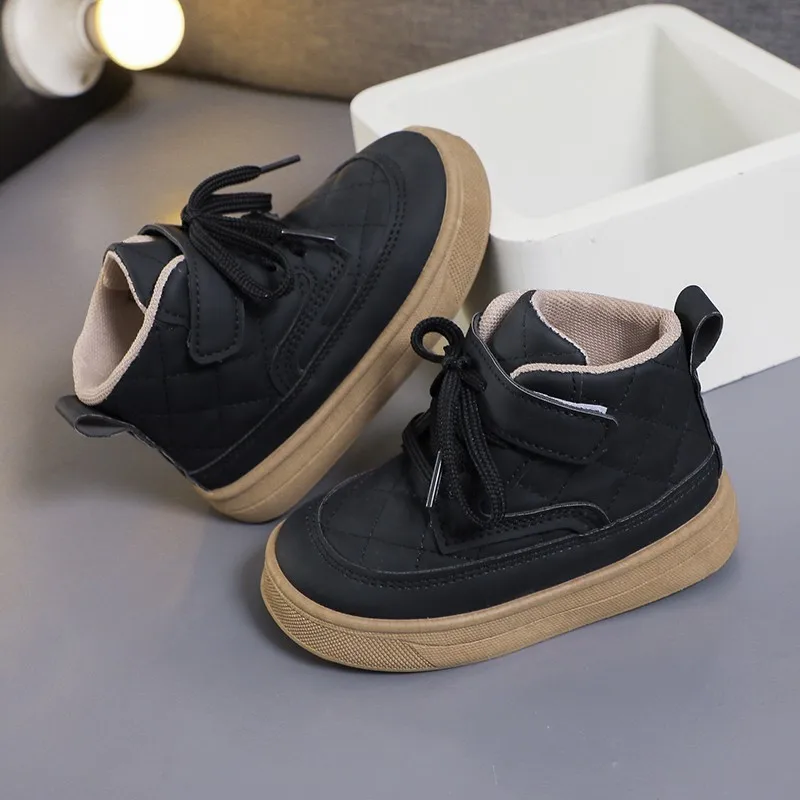 Children Leather Boots High Top Autumn Winter New Sneaker Boys Shoes Casual Shoe Lace Up Fashion Chunky Sneakers for Kids