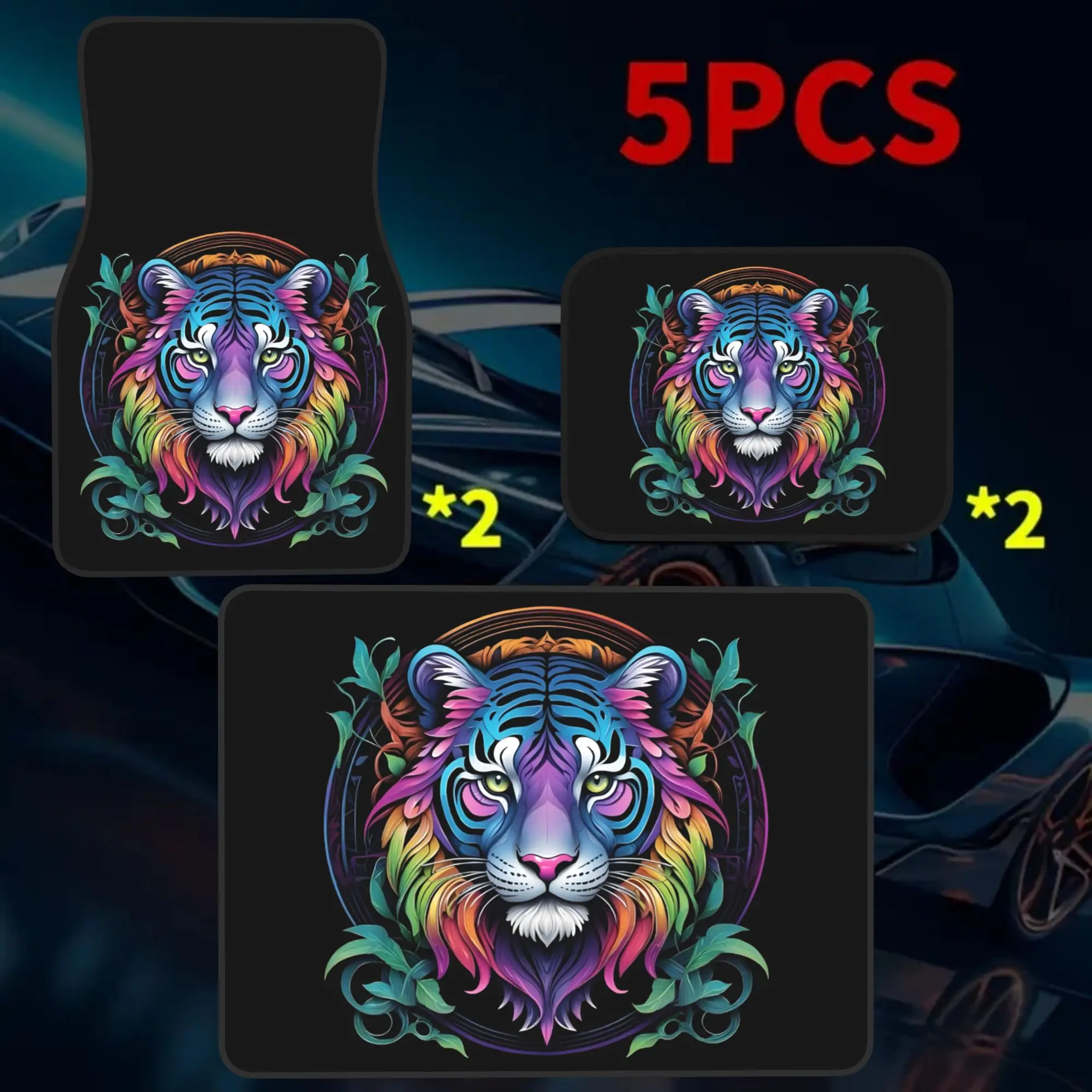 2D Plane 5pcss Rainbow Mandala Tiger Head Print Car Floor Mat | Trunk Liner - 5pcss Set (Including 4 Floor Mats And 1 Trunk Line