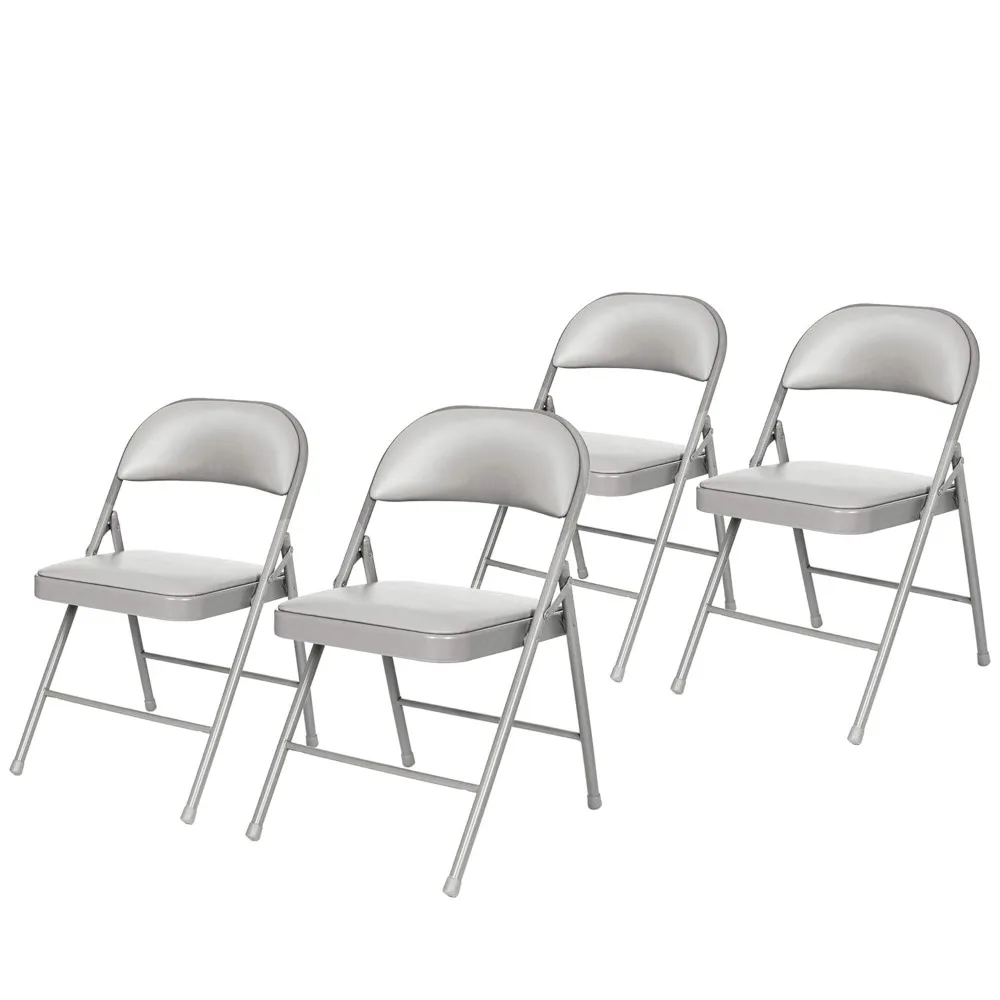 (4 Pack) Grey Vinyl Padded Steel Folding Chairs, Comfortable Cushioned Seat, Durable 19-Gauge Steel Frame, Space-Saving Portabl