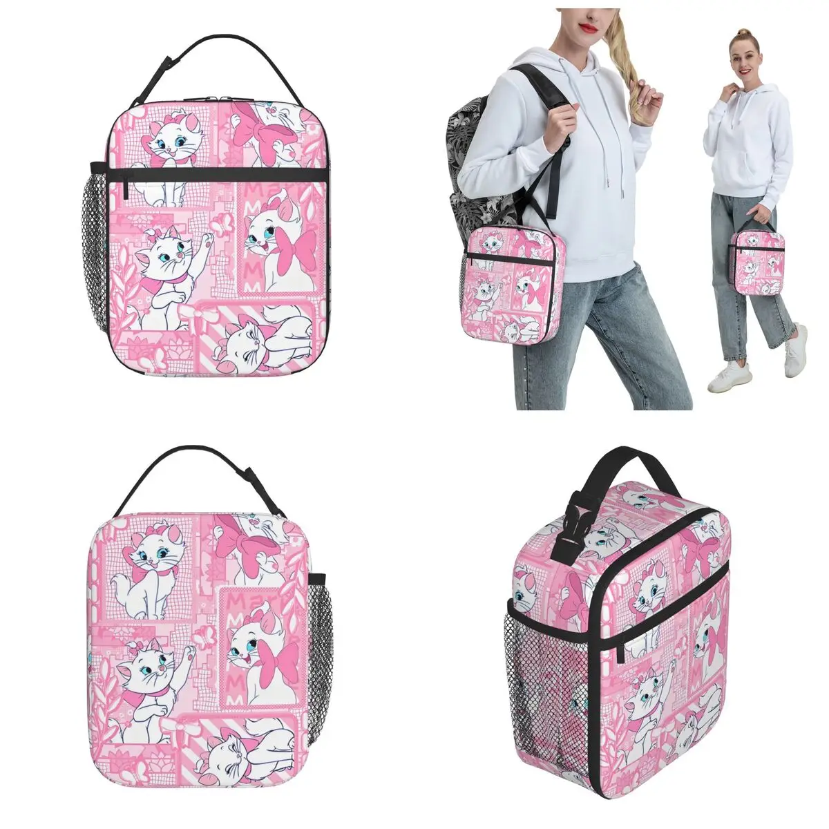 Pink Marie Cat Isolado Lunch Bag, desenhos animados bonitos, aristocats, saco térmico, sacola portátil reutilizável, lancheira, bolsas de alimentos, trabalho, viagens