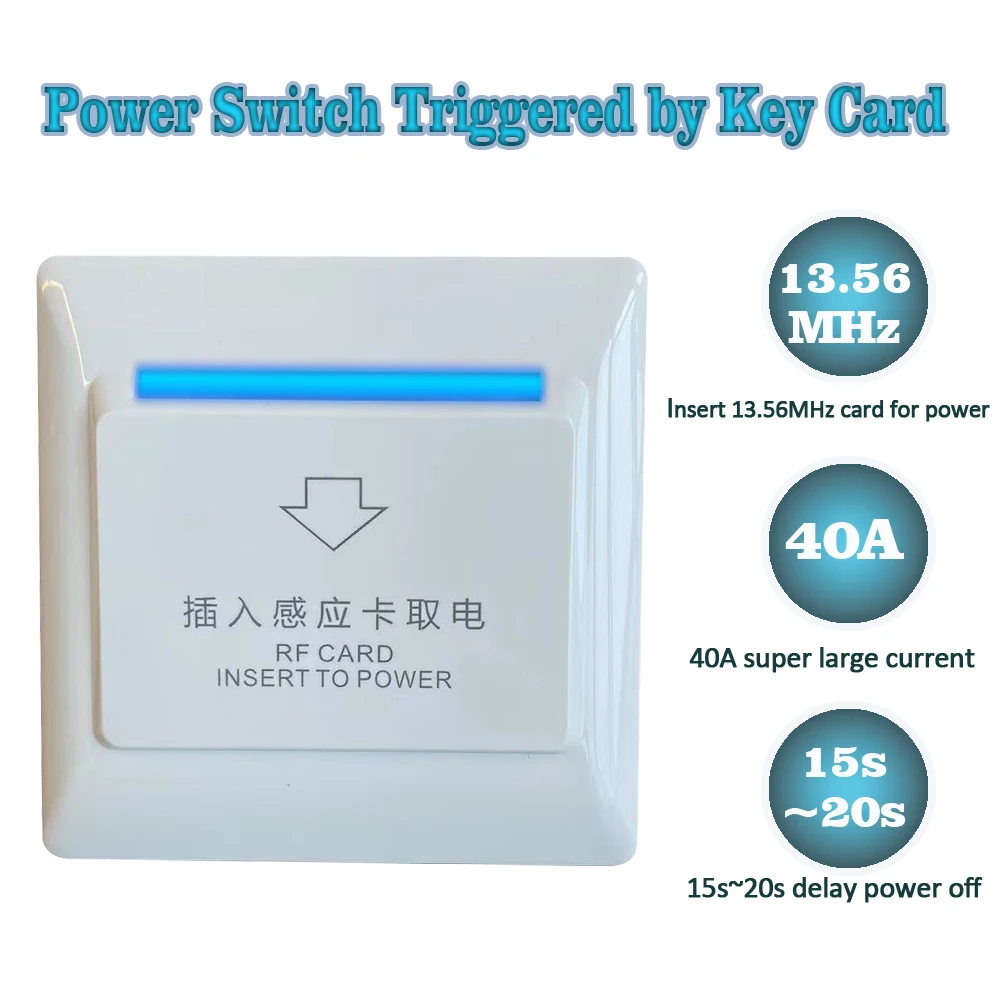 

40A Mifare 1 Key Card Switch for Hotel Energy Saving: High Frequency 13.56M 110V/220V/24V Compatible 15Second Power Off Delay