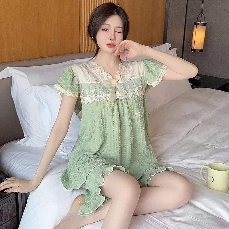 5XL Plus Size Summer Short Sleeved Pajamas Student Loungewear Set Japanese Style Home Suit Sweet Lace Princess Loose Sleepwear