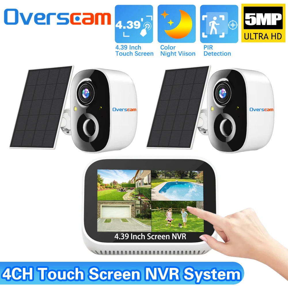

4CH 4.39 Inch Touch Screen Wireless NVR 5MP Solar IP Camera PIR Detection Local Recording Support 128G Card HDD EseeCloud System