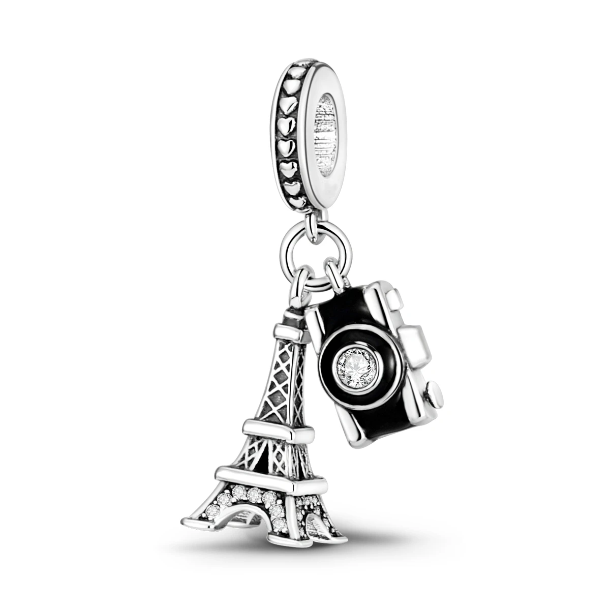925 Sterling Silver Eiffel Tower Camera Double Dangle Charm Fit Bracelets Paris Travel Pave CZ Bead for Women DIY Jewelry Making