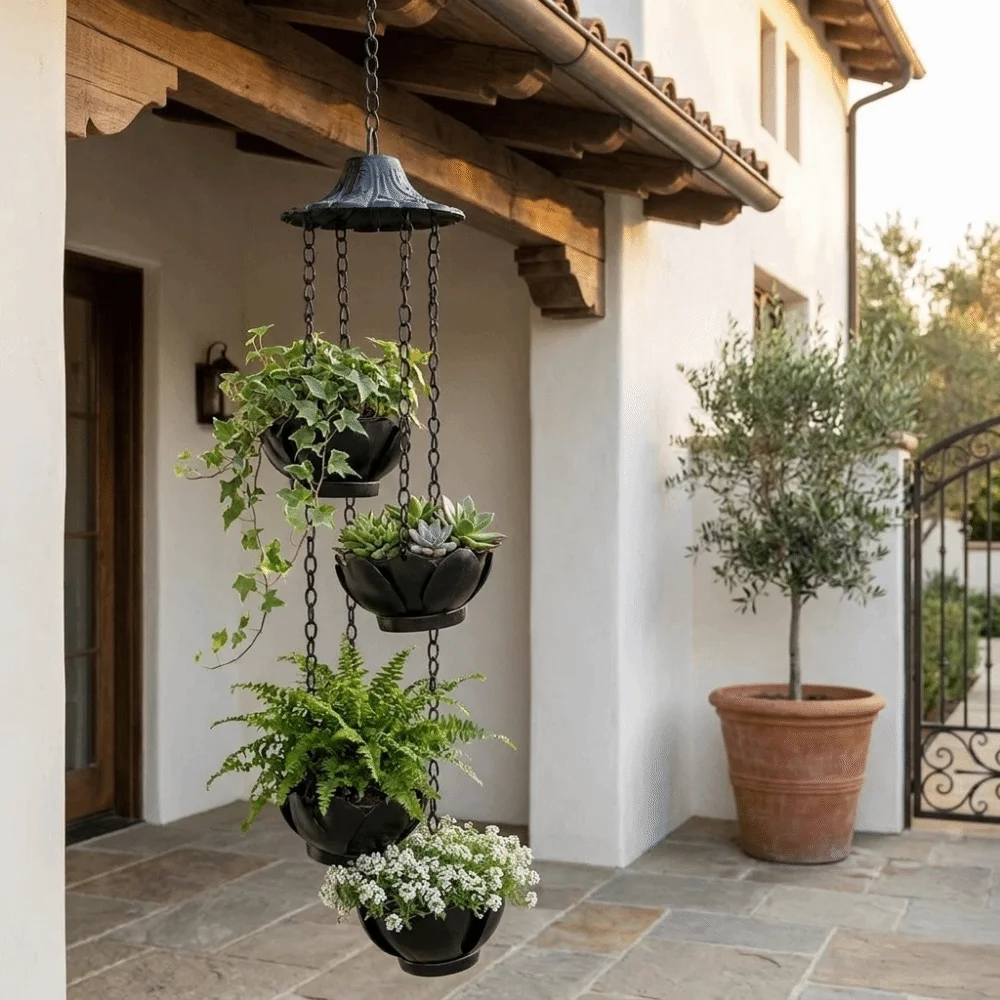 Iron Lotus Shaped Hanging Planter Weather-Resistant Long-Lasting Multi-Tier Flower Pots Decorative Chinese Style