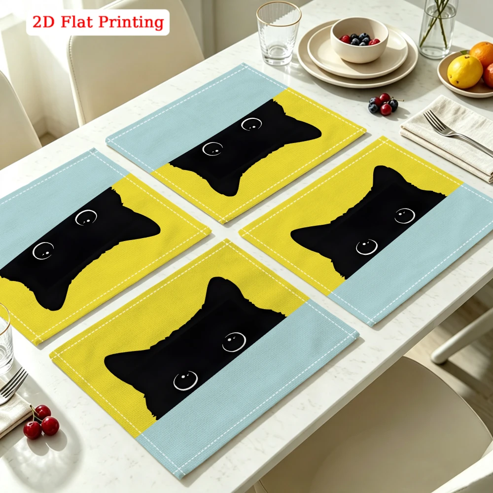 2Pcs Cute Black Cat Placemat Yellow Blue Funny Animal Print Table Mat Kitchen Dining Decor Non Slip Heat Resistant 30X40Cm