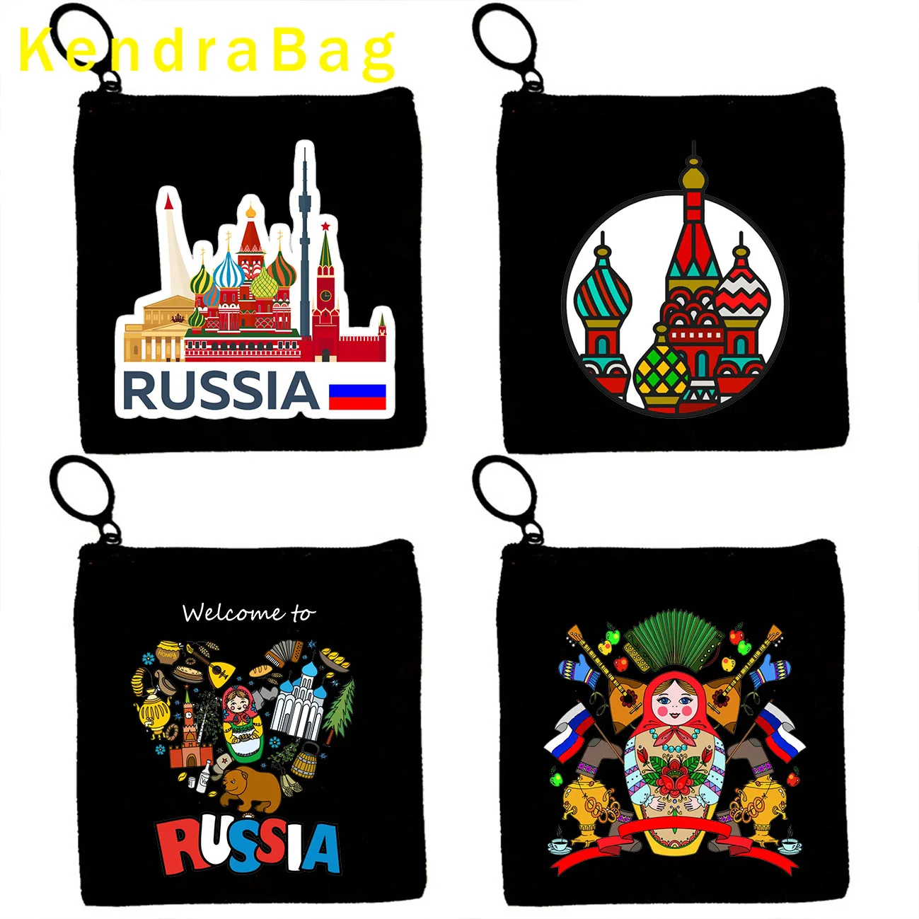 Russian Doll Girl Matryoshka Bear Folk Flower Moscow Kremlin Russia Flag Key Coin Purse Canvas Bag Pouch Bag Wallet Zipper Gifts