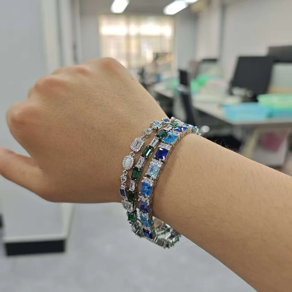 

Набор браслетов UWIN серии Blue/Green для женщин: модные ювелирные украшения с цветными цирконами-багетами и цепочками, инкрустированными камнями