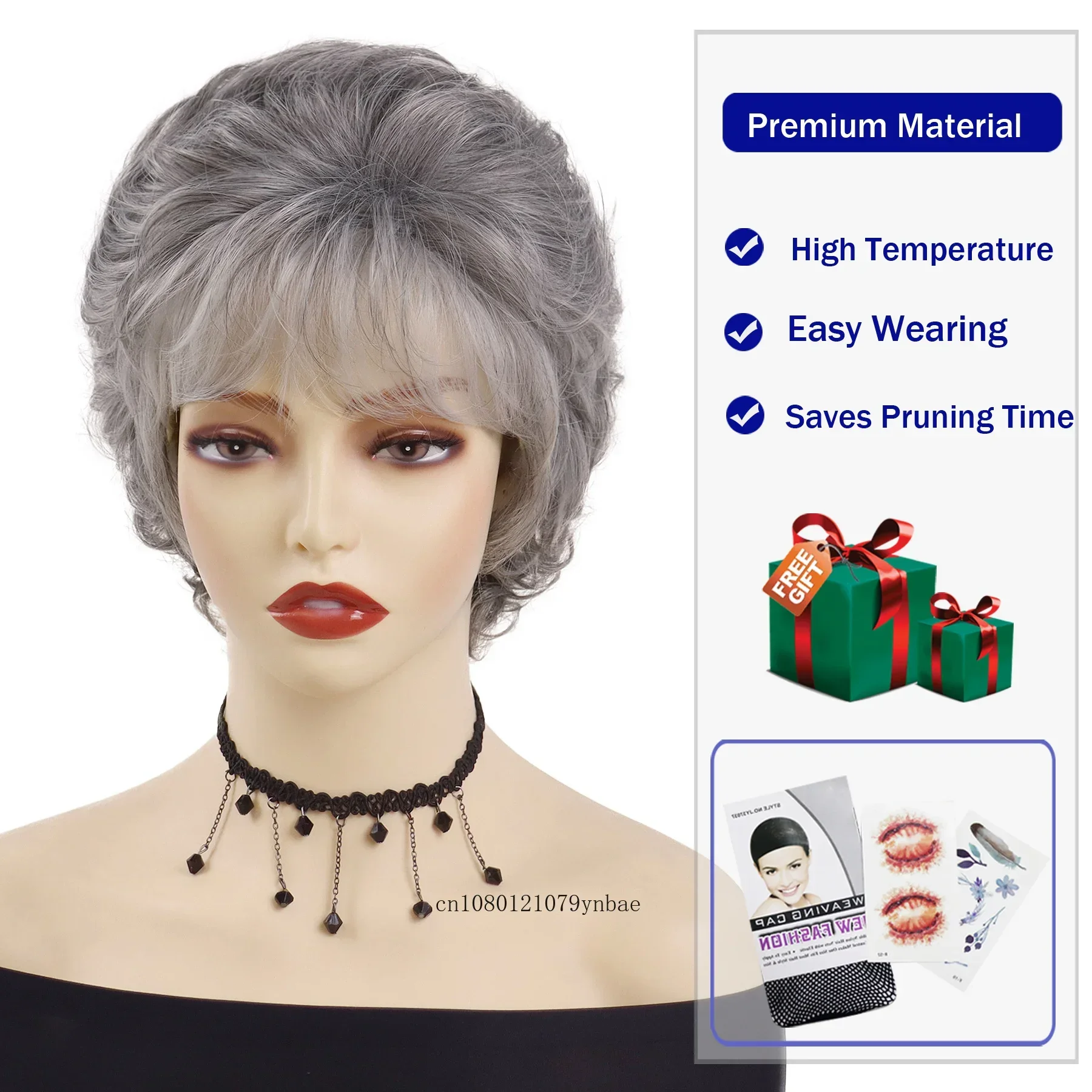 Wig Kostum Wanita Tua Sintetis untuk Wanita Wig Nenek Keriting Abu-abu Ombre Pendek Rambut Pesta Cosplay Ulang Tahun Tahan Panas