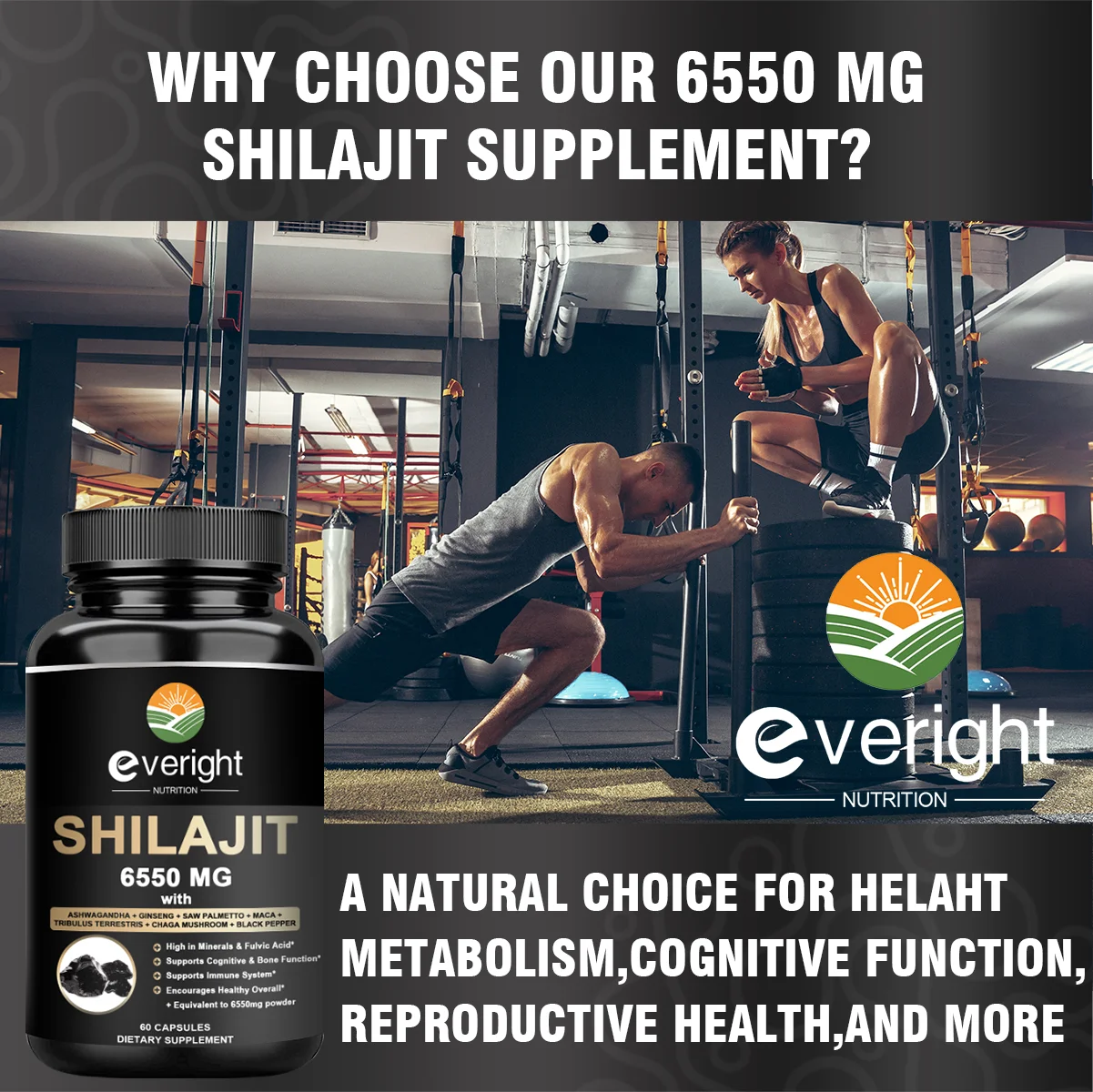 Shilajit Resin Himalayan Capsules - 6550mg - Combined Ashwagandha, Ginseng, Saw Palmetto, Maca, Tribulus, Chaga, Black Pepper