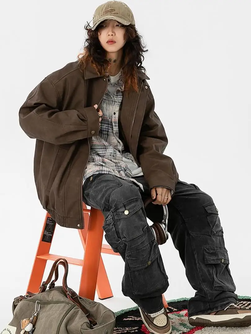 

Retro American Sle Men's Jaet Autumn Faion Loose Casual Motorcycle Clothes Couple Tops Polyester Fiber Long Sve Zipper