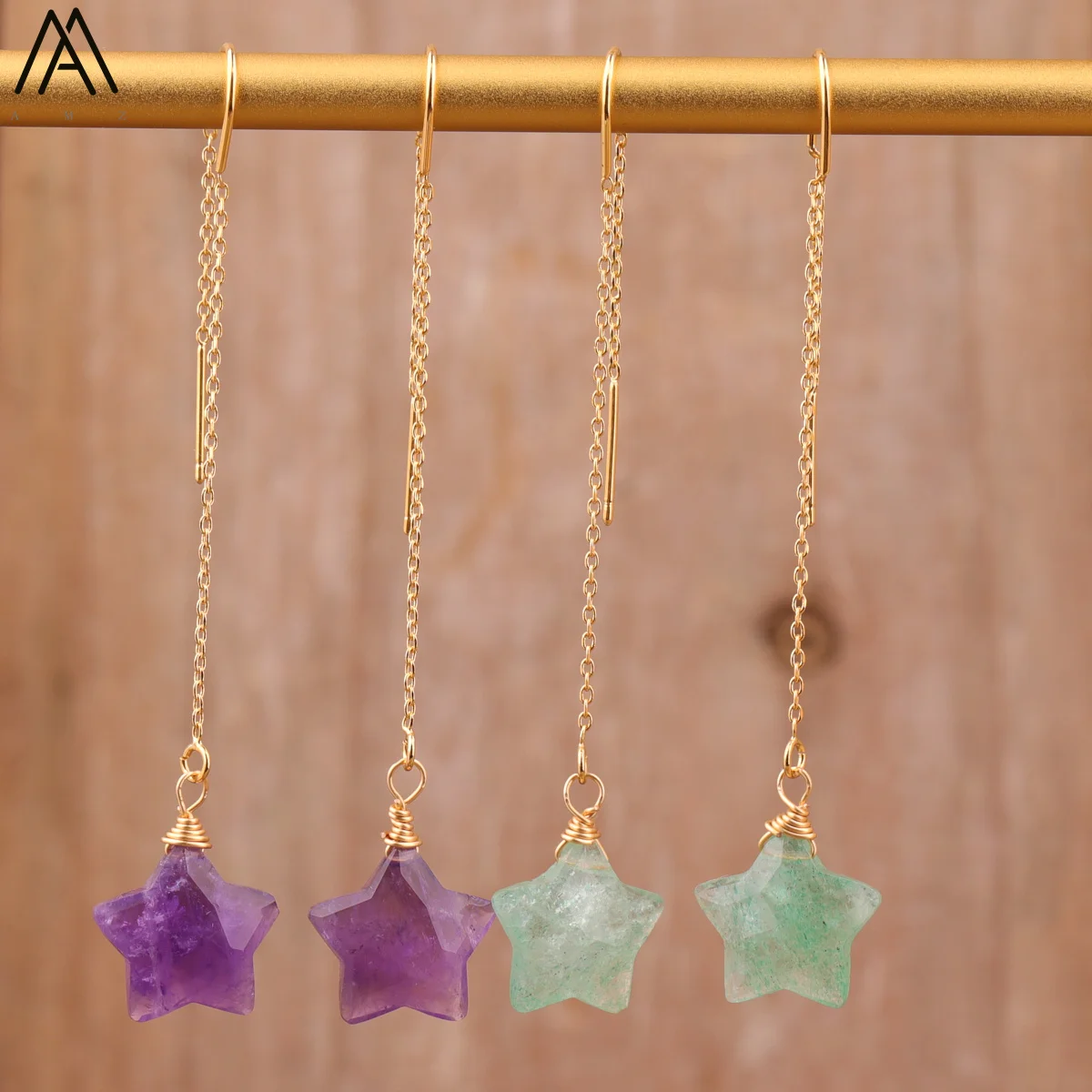 Elegant Women Gemstone Star Beads Dangle Hook Earrings Fashion Amethyst Crystals Gold Drop Earring Bohemia Femma Jewelry Bijoux