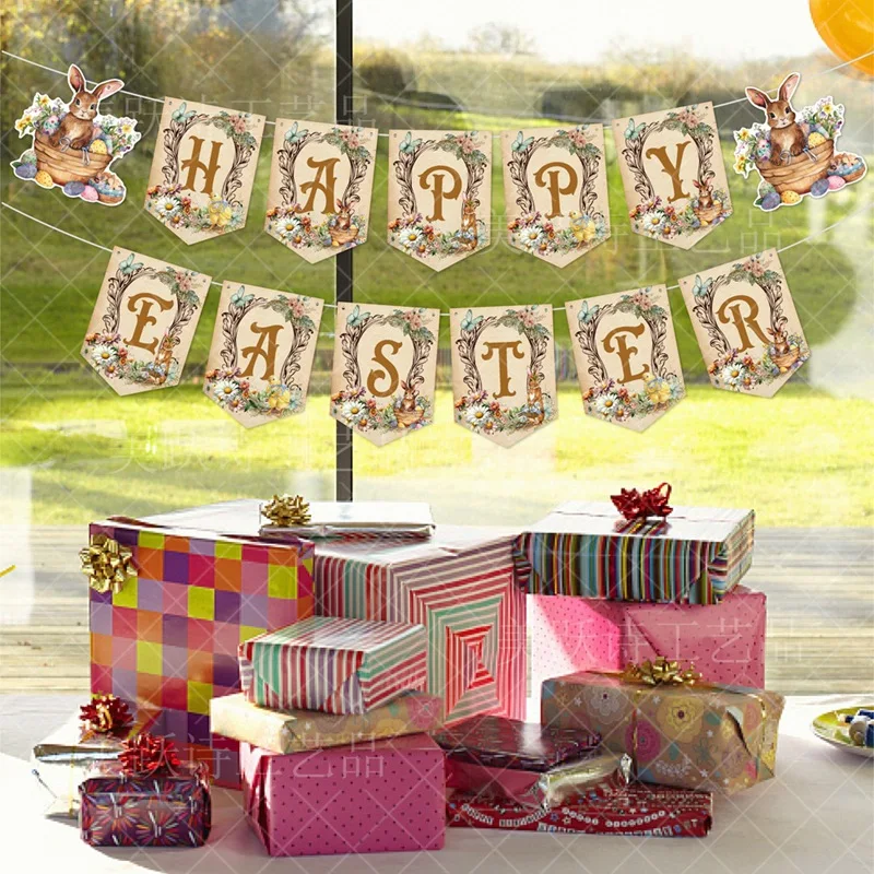 Happy Easter Banner Easter Party Decoration Pulling Rabbit Hanging Decoration Supplies