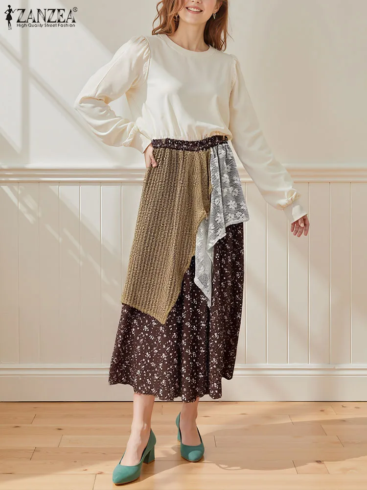 

ZANZEA 2025 богемные женские юбки с принтом, кружевные макси-юбки с высокой талией в стиле пэчворк, винтажные повседневные юбки Faldas с эластичной резинкой на талии