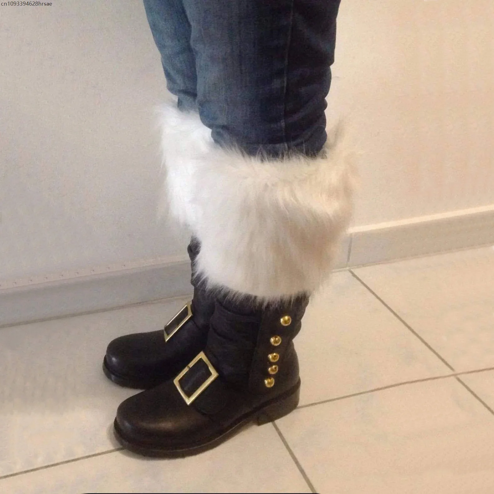 Men's Christmas Santa Claus Boots Wide Calf Santa Combat Boots with White Plush Cuffs Foot Bells for Costume Accessories