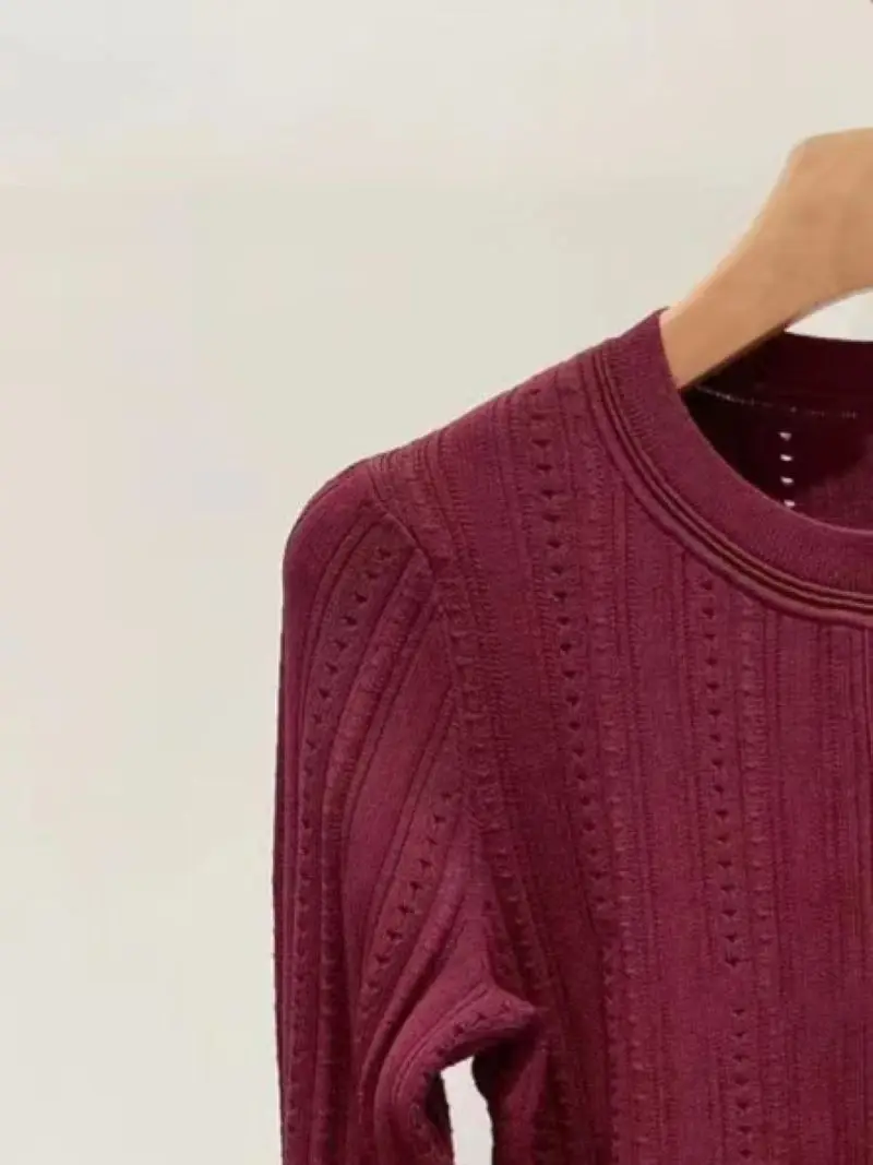 Autumn 2024 Women Wine Red Cardigan Single Breasted O-Neck Long Sleeve Slim Vintage Female Knitted Sweater