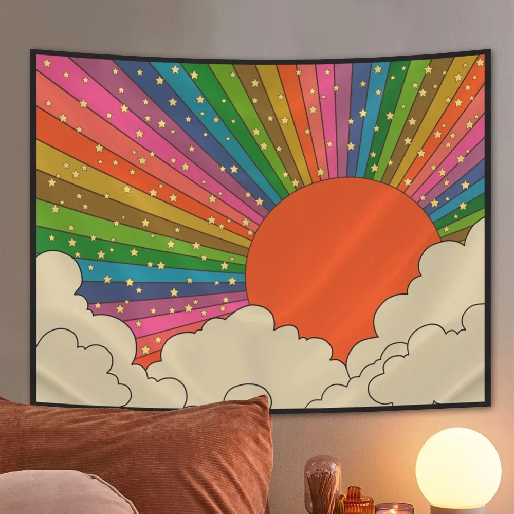 Sun Tapestry Boho Mountain Abstract Wall Hanging Tapestries Hippie Aesthetic Vintage Geometric Rainbow Tapastry For Dorm Office