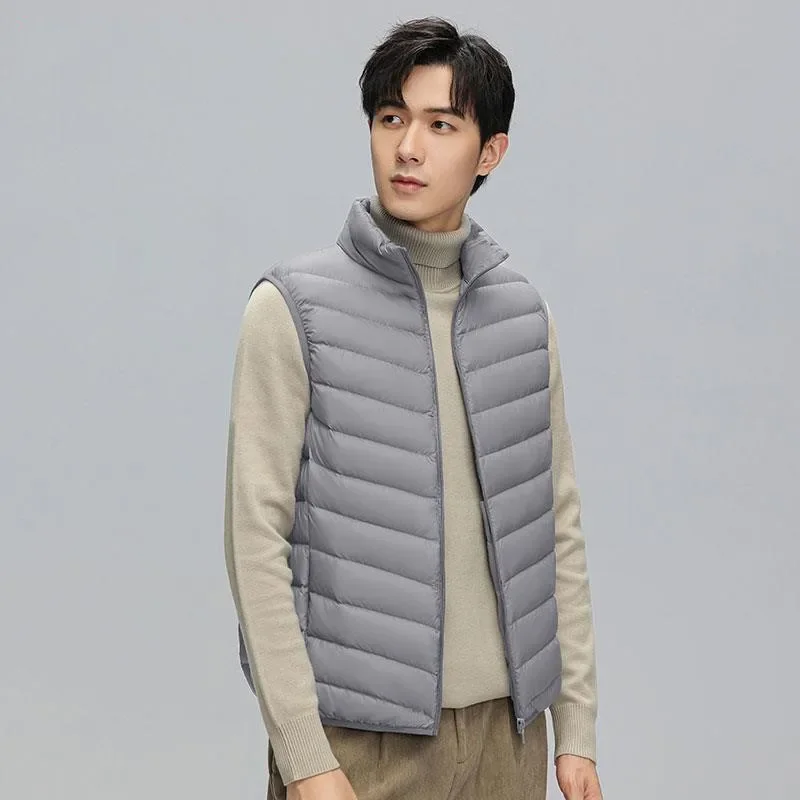 Men Vest Down Coats Solid Down Vests Stand Collar Zipper Cardigan Spliced Loose Fit Slight Strech Autumn Winter Casual Pockets