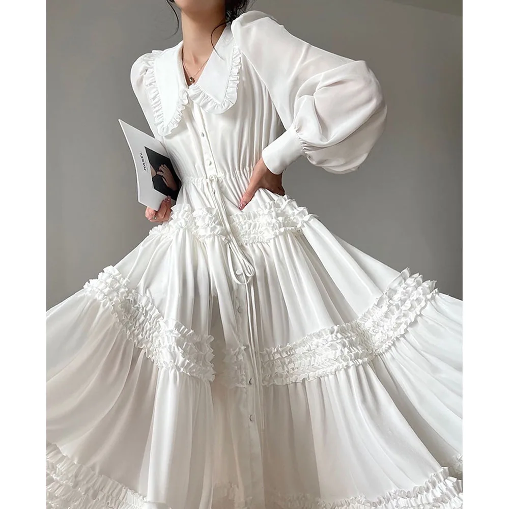 

Homecoming Dresses V-Neck Full Sleeves Pleat Ruffle A-line Solid Color Tea-Length Birthday Party فساتين مناسبة رسمية