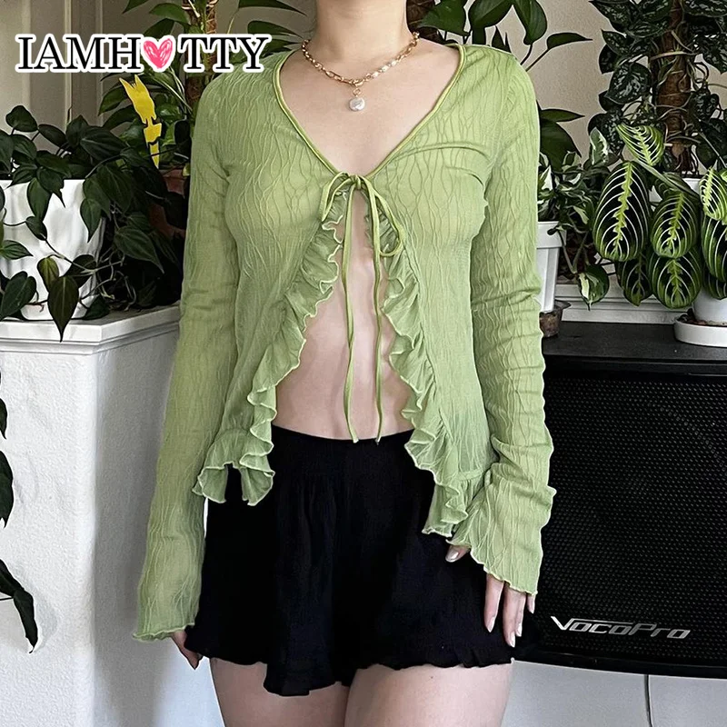 IAMHOTTY Fairycore Ruffle Lace-up Smock Top Fall Spring Sexy T-shirts Flared Long Sleeve Tops Streetwear Sun Protection Clothing